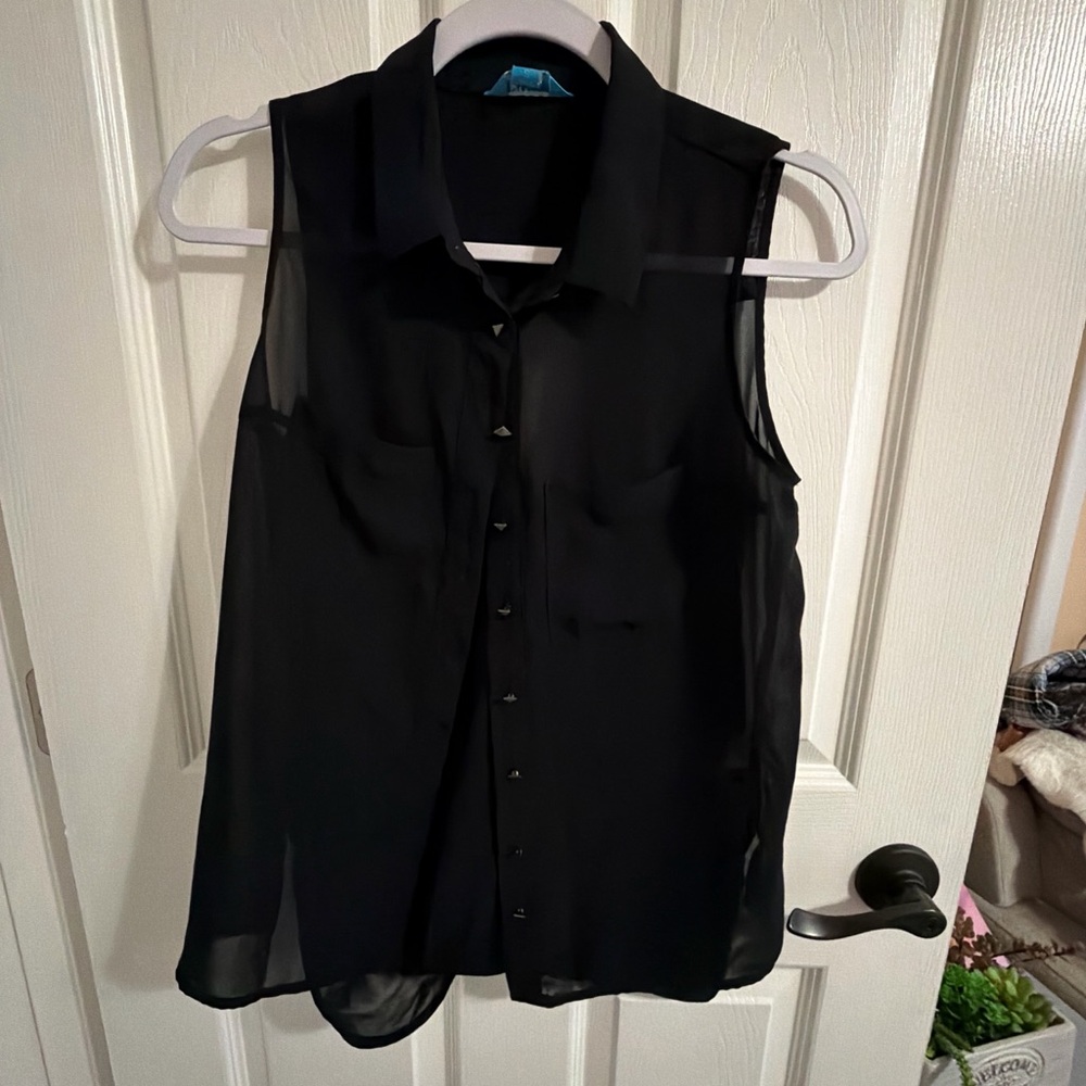 L'Amour Black Sheer Button-Front Blouse